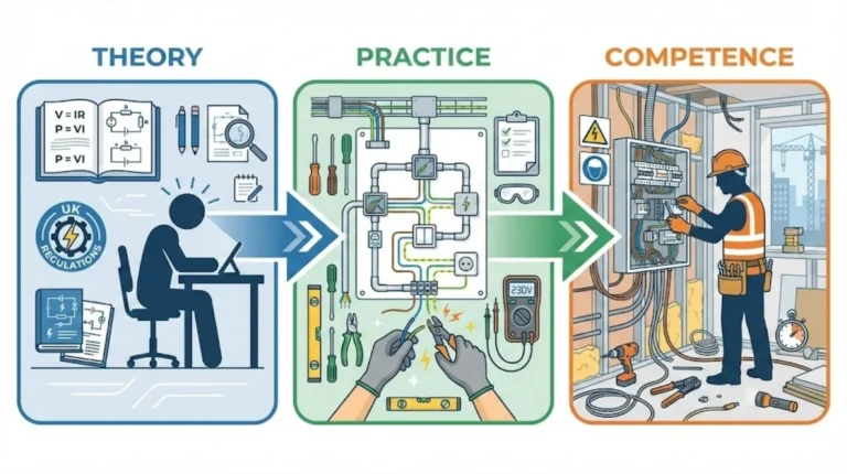 Diagram showing progression from electrical theory to practical training and on-site competence.