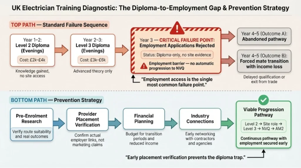 Diagram showing the UK electrician diploma-to-employment gap, contrasting a common failure path with a planned prevention pathway.