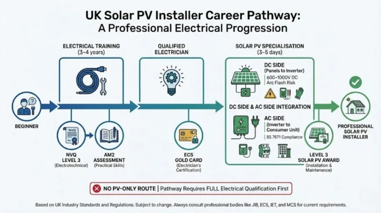 Diagram showing the UK solar PV installer career pathway, from beginner through full electrical qualification to specialist solar PV installation.