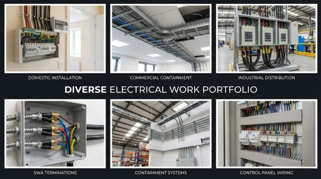 Diverse electrical installation work types showing domestic, commercial, and industrial evidence variety required for comprehensive NVQ portfolio coverage