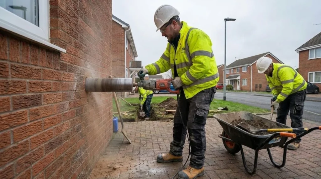 EV charge point installer performing physical installation work including trenching and groundworks demonstrating construction labor component beyond electrical circuit connections