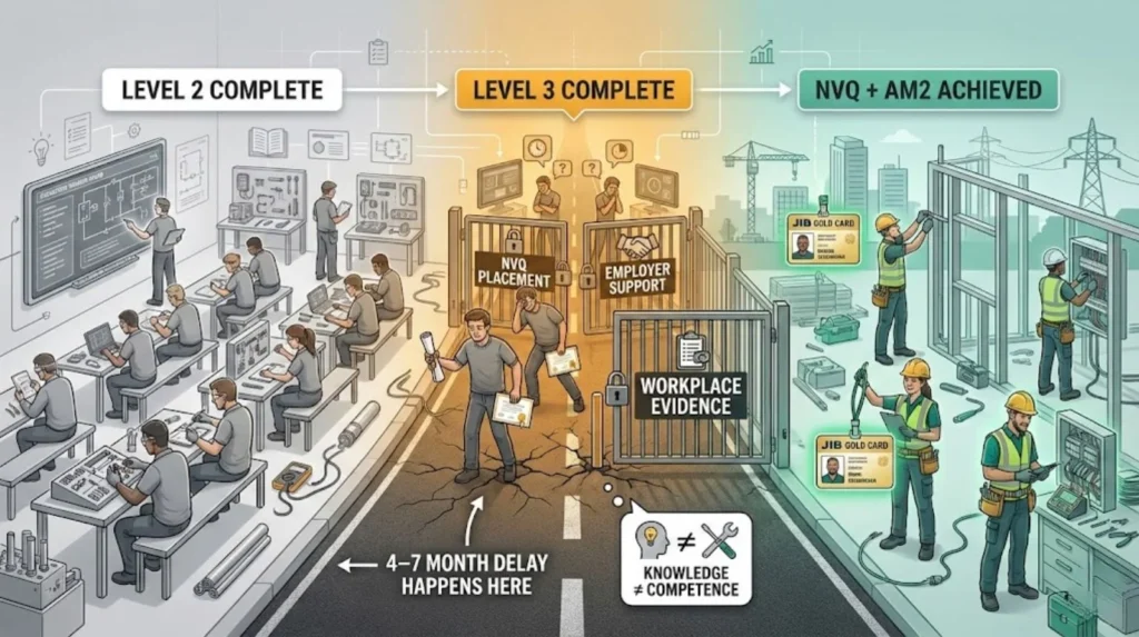 Electrician pathway showing Level 2 and Level 3 classroom training, a delay at NVQ placement and workplace evidence, and progression to NVQ + AM2 with ECS Gold Card.