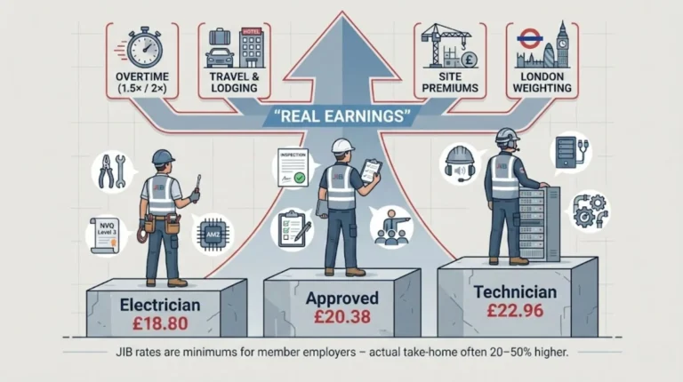 Electrician pay progression from Electrician to Approved and Technician, with overtime, travel, site premiums, and London weighting increasing real earnings.