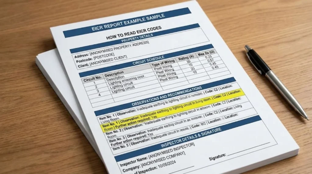 Example Electrical Installation Condition Report showing circuit schedule and observation coding
