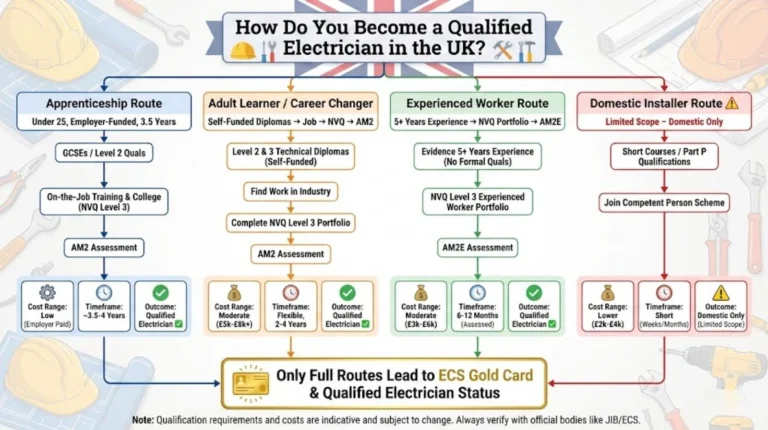 Flowchart explaining how to become a qualified electrician in the UK, comparing apprenticeship, adult learner, experienced worker, and domestic installer routes.