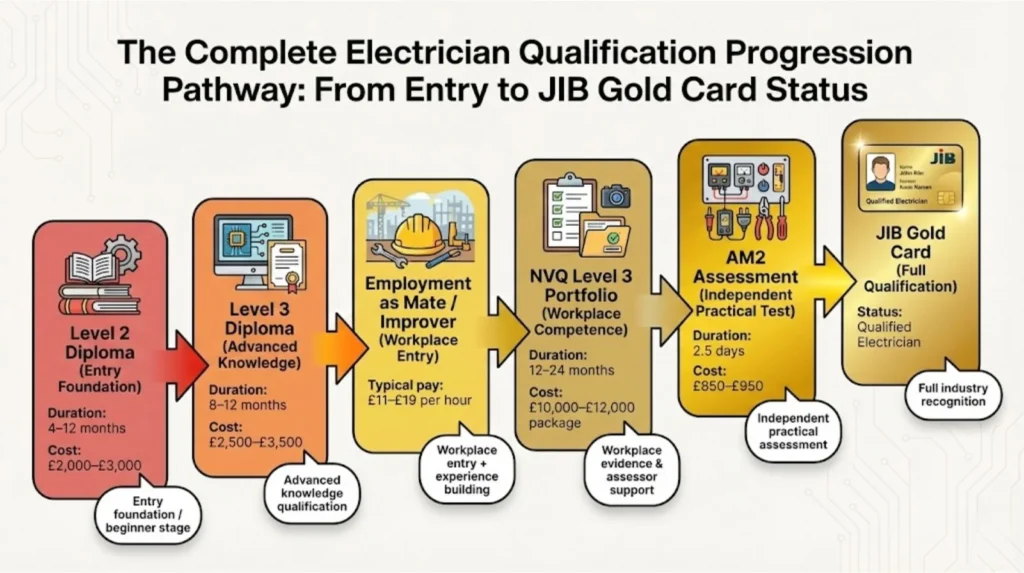 Flowchart showing complete qualification progression from Level 2 beginner through to ECS Gold Card with timelines and costs at each stage