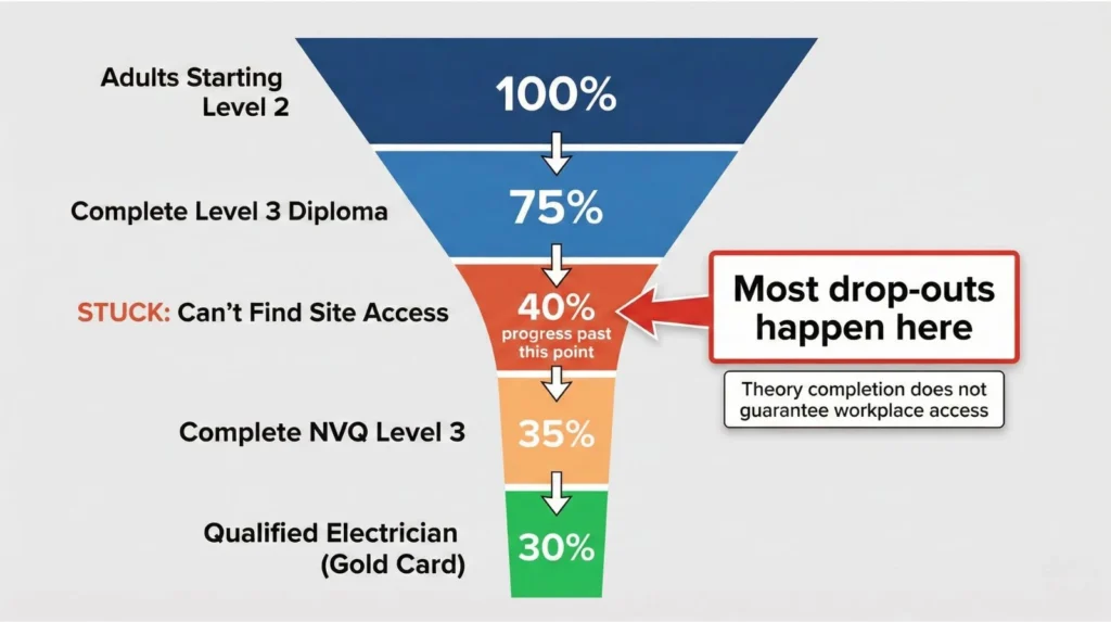Funnel diagram showing dropout rates for adult electrical learners, with major bottleneck at diploma-to-workplace transition