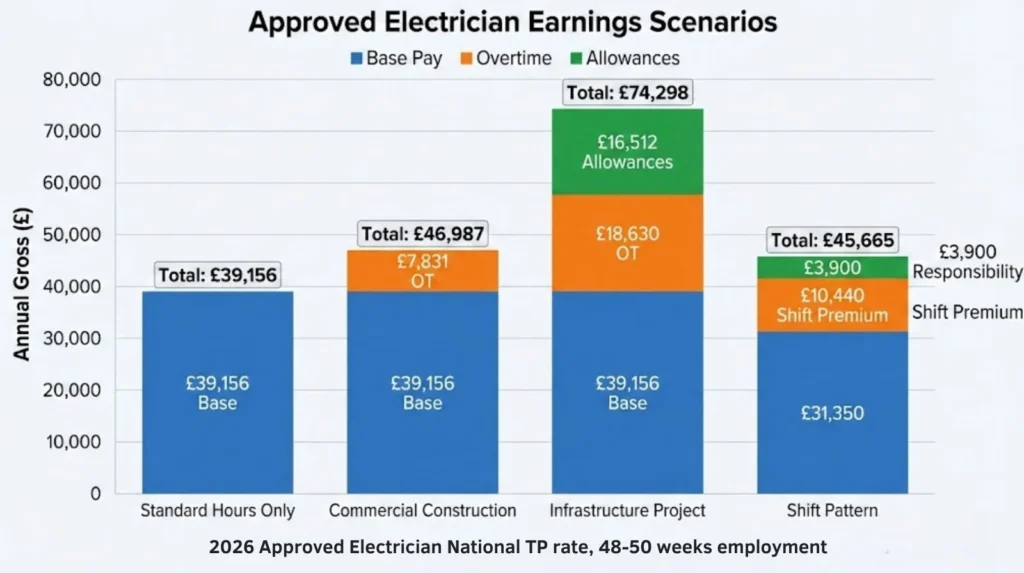 Grouped column chart showing Approved Electrician 2026 earnings scenarios from £39,156 standard hours through £46,987 commercial construction, £74,298 infrastructure (with travel/lodging), to £45,665 shift patterns, demonstrating 20-90% variance from base rate