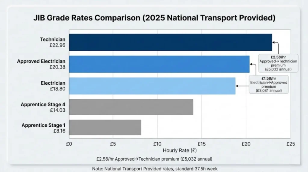 Horizontal bar chart comparing 2025 JIB electrician rates showing Electrician £18.80/hour, Approved Electrician £20.38/hour (+£1.58), Technician £22.96/hour (+£2.58), demonstrating grade progression premiums worth £3,081-5,032 annually