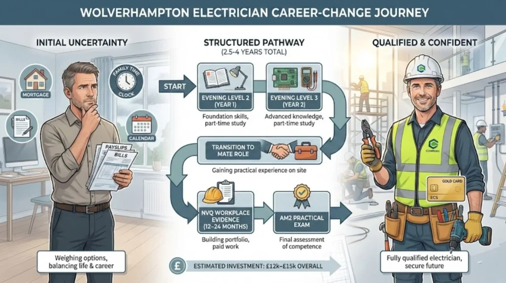 Illustrated roadmap titled “Wolverhampton Electrician Career-Change Journey,” showing progression from initial uncertainty through evening Level 2 and Level 3 study, transition to a mate role, NVQ workplace evidence, AM2 assessment, and finally a confident, fully qualified electrician holding an ECS Gold Card.