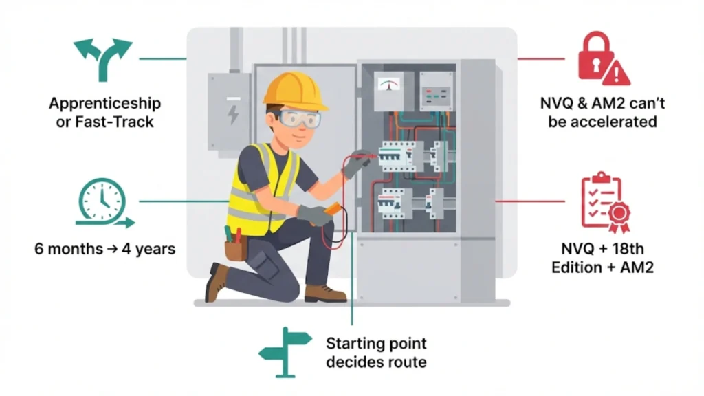 Illustration of an electrician working onsite with icons explaining qualification routes, timelines, and Gold Card requirements