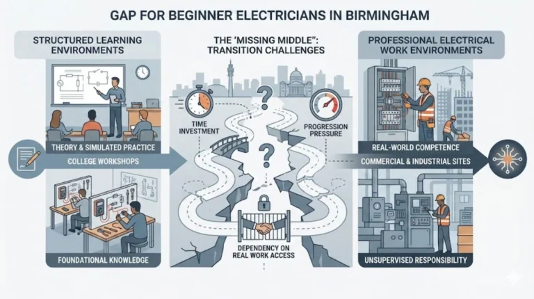 Illustration showing the gap between college-based electrical training and real-world site work for beginner electricians in Birmingham.