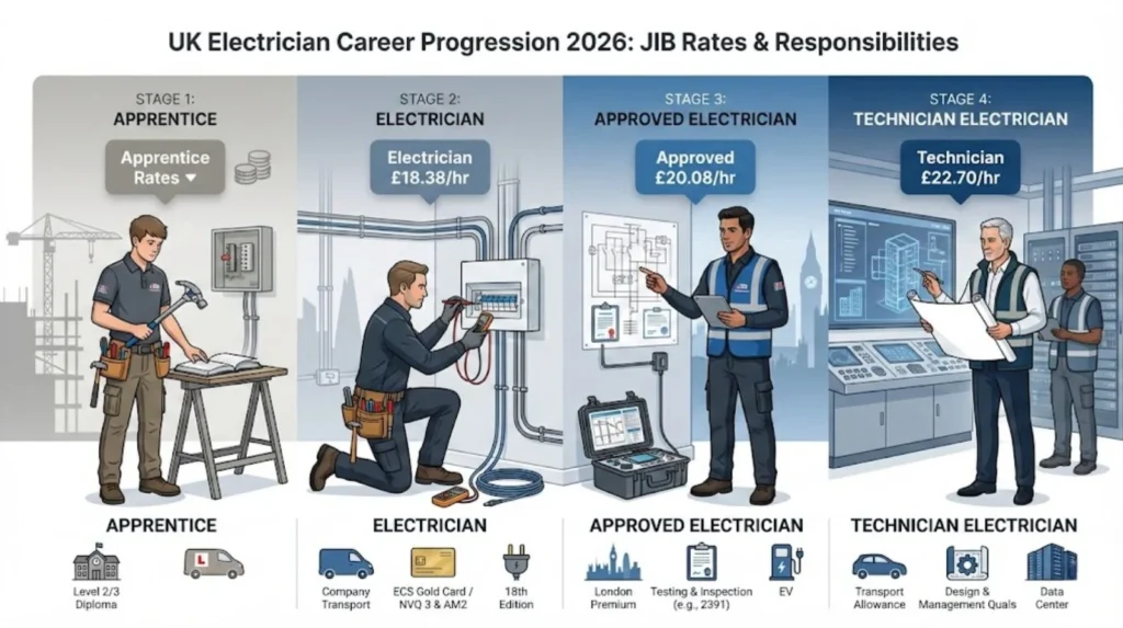 Infographic showing UK electrician career progression in 2026, from apprentice to technician electrician, with JIB hourly rates and typical responsibilities at each stage.