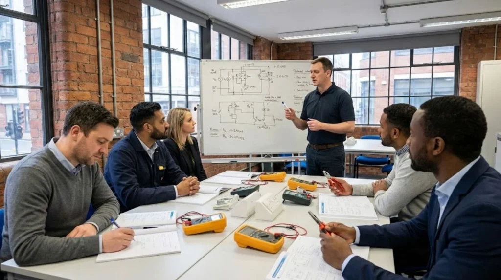 Intensive fast-track electrical training classroom in Birmingham with adult career-change learners