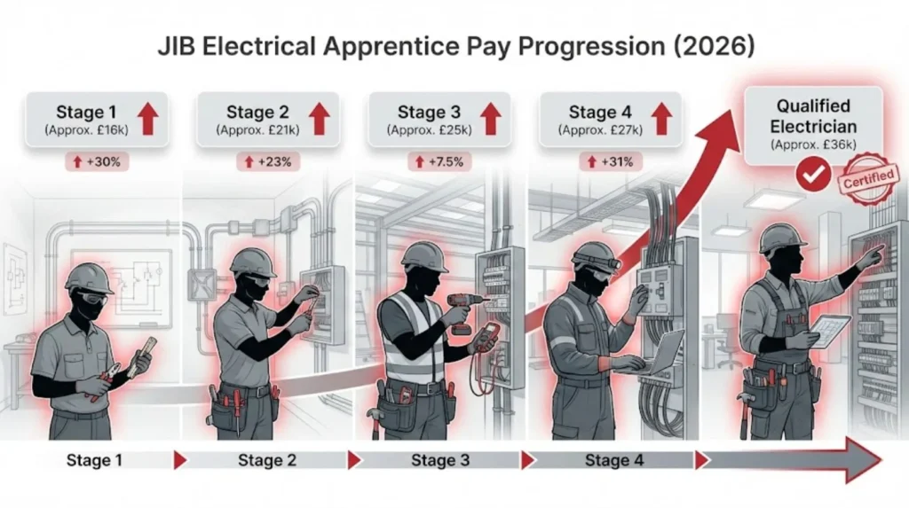 JIB electrical apprentice pay progression in 2026, from Stage 1 through Stage 4, leading to a qualified electrician role with increasing responsibilities and earnings.