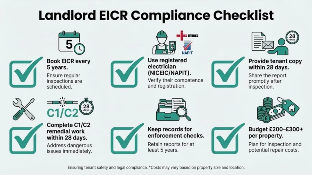 Landlord EICR compliance checklist showing legal requirements and timelines for England, Wales, and Scotland