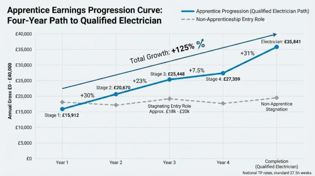 Line chart showing JIB apprentice earnings progression 2026: Stage 1 £15,912 rising through +30%, +23%, +7.5% increases to Stage 4 £27,359, then +31% jump to Electrician £35,841, demonstrating 125% total growth vs stagnant non-apprenticeship comparison