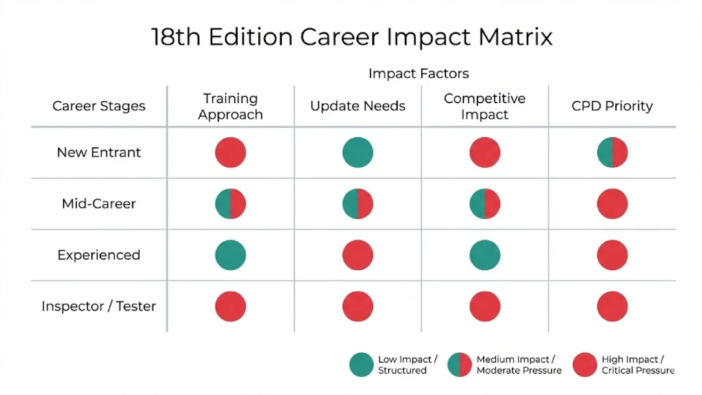 Matrix showing how the 18th Edition impacts electricians differently at each career stage