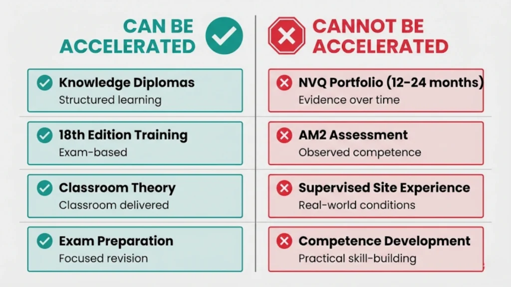 Matrix showing which electrician qualification components can and cannot be accelerated