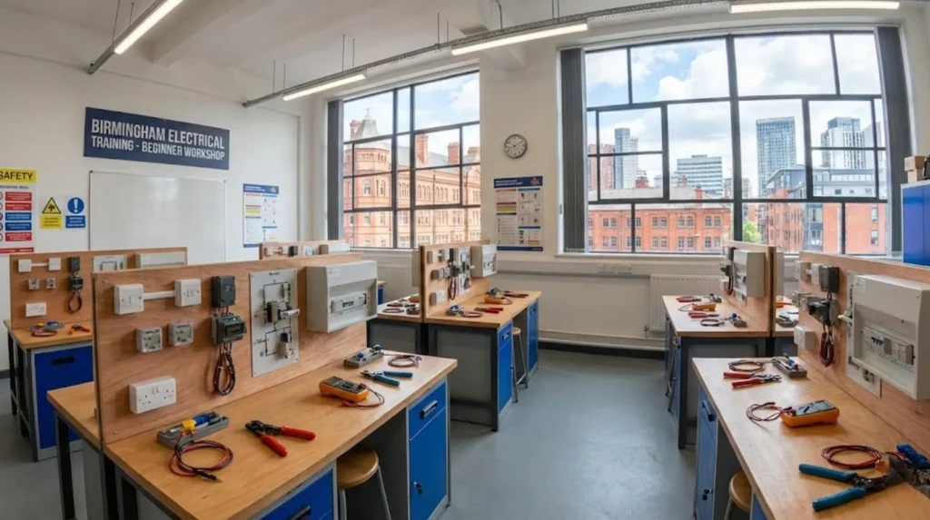 Modern electrical training workshop in Birmingham showing beginner-level installation equipment and training rigs
