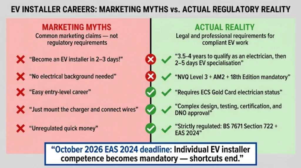 Myth versus reality comparison showing marketing claims about quick EV installer training contrasted with actual 3.5-4 year electrical qualification requirements plus EV specialization