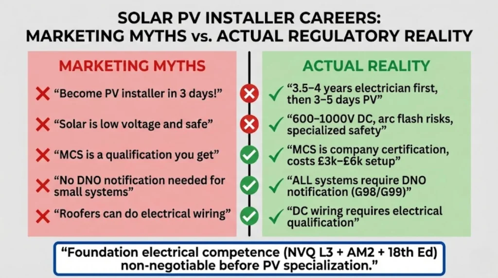 Myth versus reality comparison showing training provider marketing claims about quick solar PV installer training contrasted with actual 3.5-4 year electrical qualification requirements plus PV specialization and DC safety realities