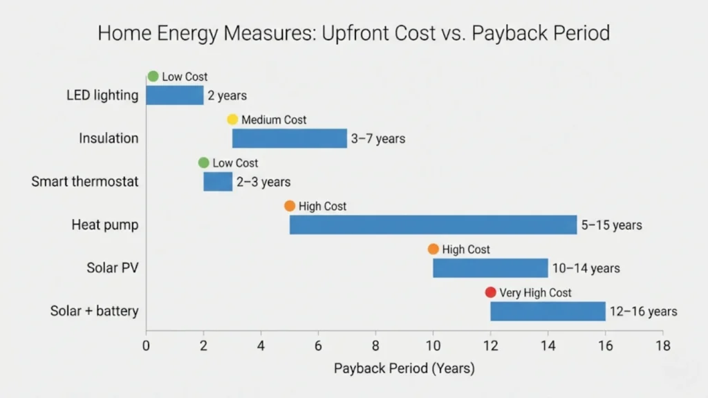 Payback period comparison chart showing LED lighting, insulation, smart thermostats, solar PV, solar plus battery, and heat pumps by years to recover costs