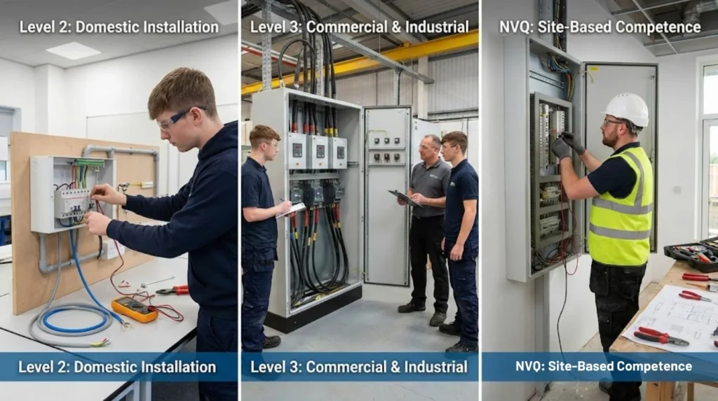 Progression from Level 2 basic electrical training through Level 3 advanced theory to NVQ workplace competence