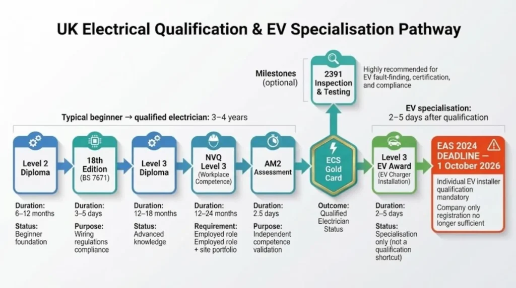 Qualification pathway diagram showing 3-4 year electrical training foundation from beginner through qualified electrician (NVQ Level 3, AM2, 18th Edition) followed by 2-5 day EV specialization with October 2026 EAS 2024 individual competence deadline