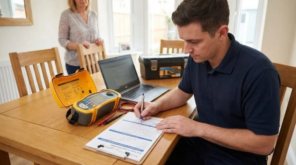 Qualified electrician completing Electrical Installation Condition Report documentation with testing equipment
