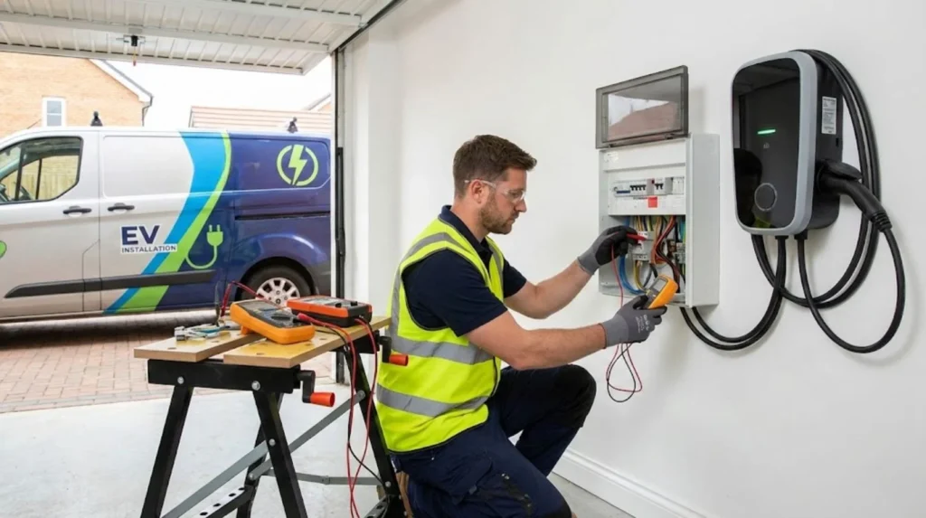 Qualified electrician performing electrical testing during EV charge point installation demonstrating technical competence required beyond mounting equipment