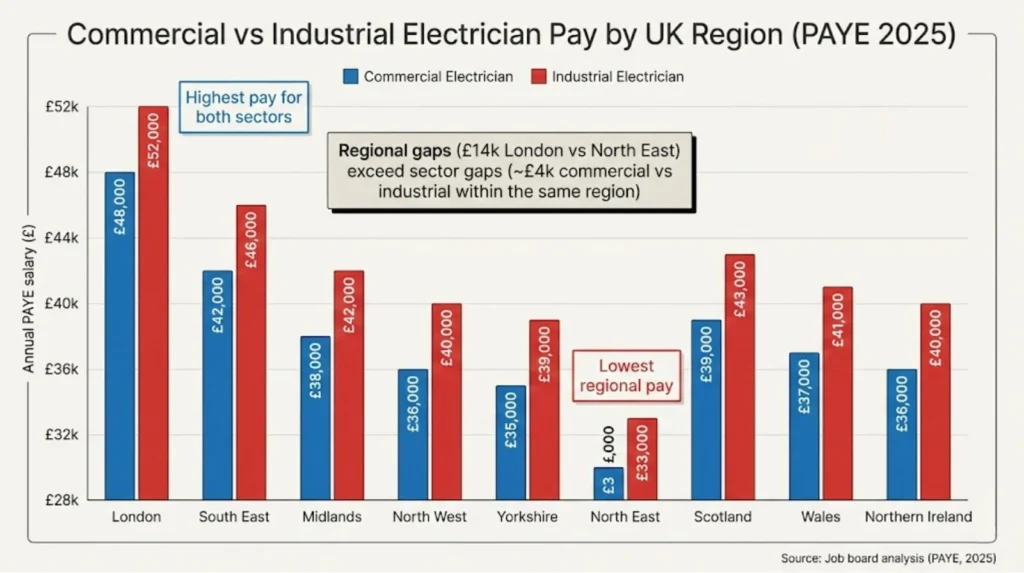 Regional comparison showing commercial electrician pay £30k-£48k and industrial electrician pay £33k-£52k across UK regions, with London highest (£44k-£52k) and North East lowest (£30k-£34k commercial, £34k-£39k industrial)