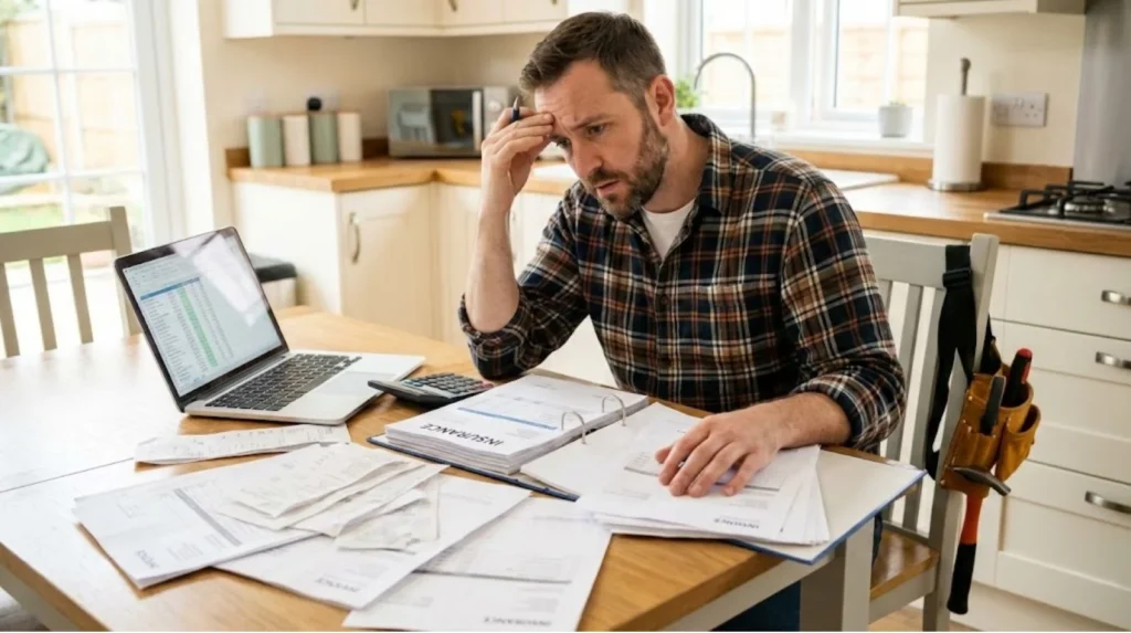 Self-employed electrician reviewing business overheads, invoices, and financial paperwork showing administrative burden reducing net take-home pay