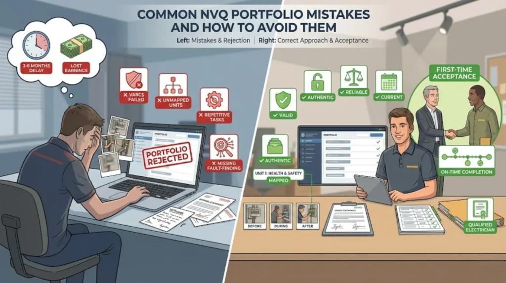Split graphic showing common NVQ portfolio mistakes causing rejection on the left, and correct evidence, mapping, and verification leading to first-time acceptance on the right.