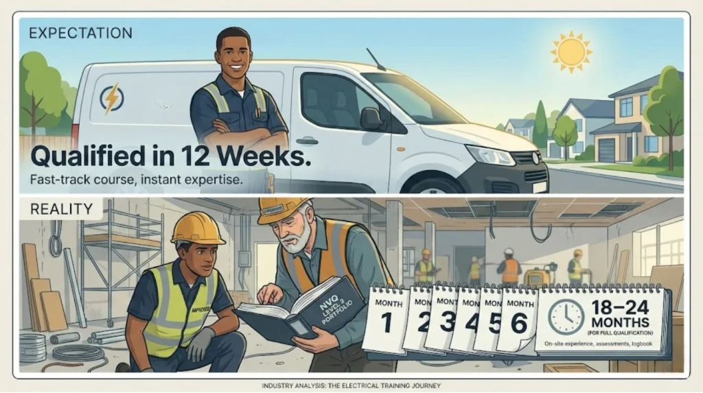 Split illustration showing “Expectation” of being qualified in 12 weeks versus the “Reality” of 18–24 months of on-site experience, NVQ portfolio work, and assessment under supervision.