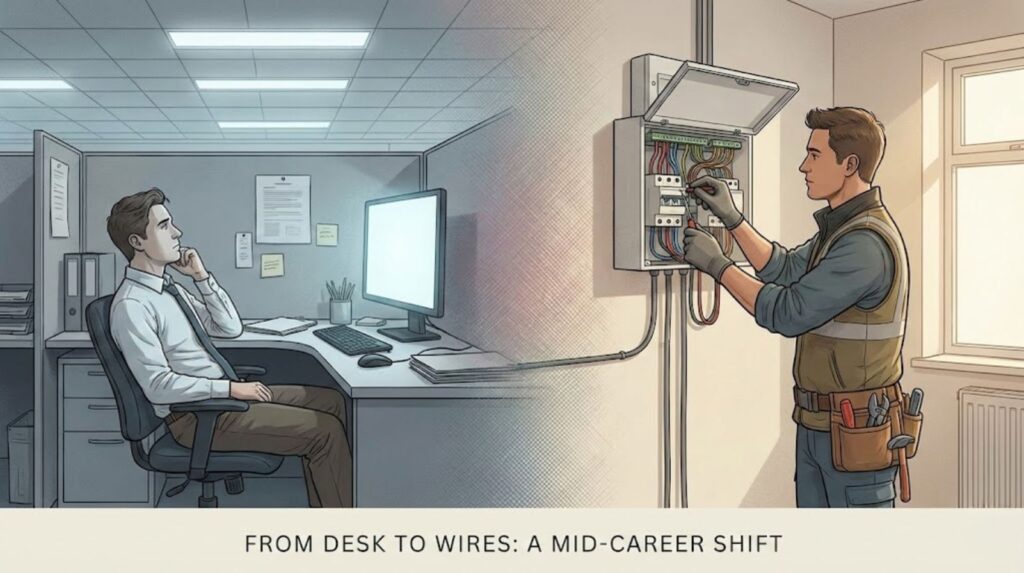 Split illustration showing a mid-career transition from office work at a desk to hands-on electrical work, with the same person moving from a computer-based role to wiring a consumer unit.