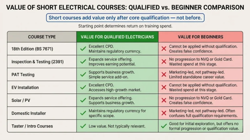 Table comparing the value of short electrical courses for qualified electricians versus beginners, showing that most short courses add value only after core qualifications.