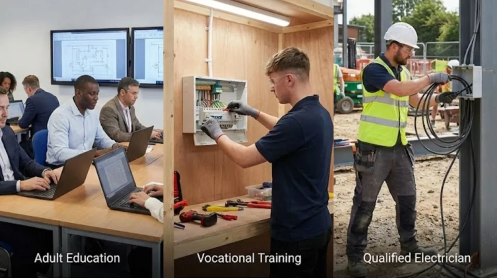 Three learning environments for Birmingham elec training classroom theory, workshop simulation, and workplace competence