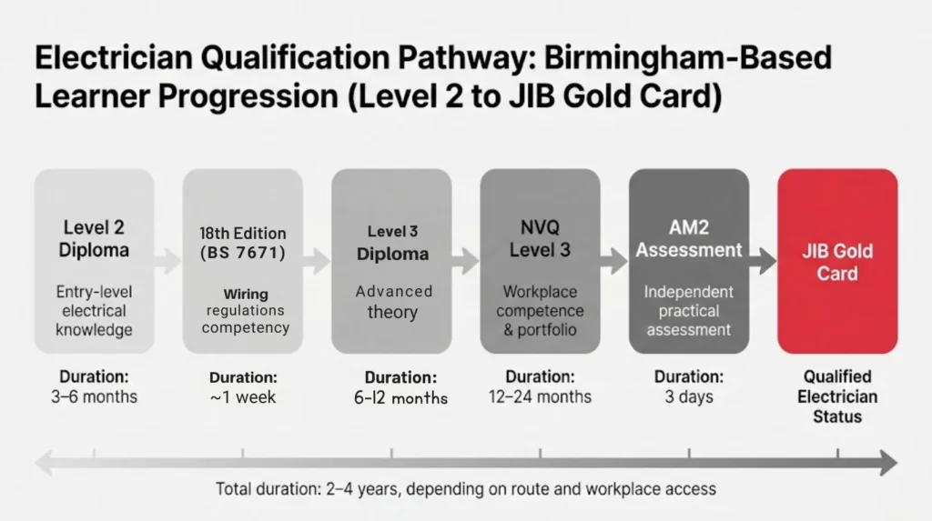 Timeline chart showing electrical qualification progression from Level 2 beginner to JIB Gold Card qualified electrician
