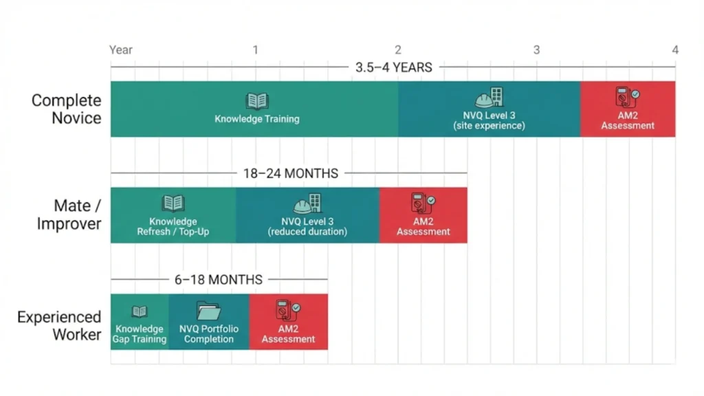 Timeline comparison showing electrician qualification duration based on different starting experience levels