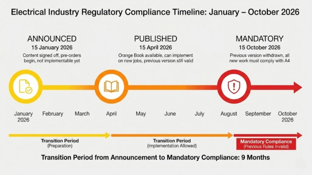 Timeline showing announcement, publication, and mandatory compliance dates for 2026 electrical regulations.