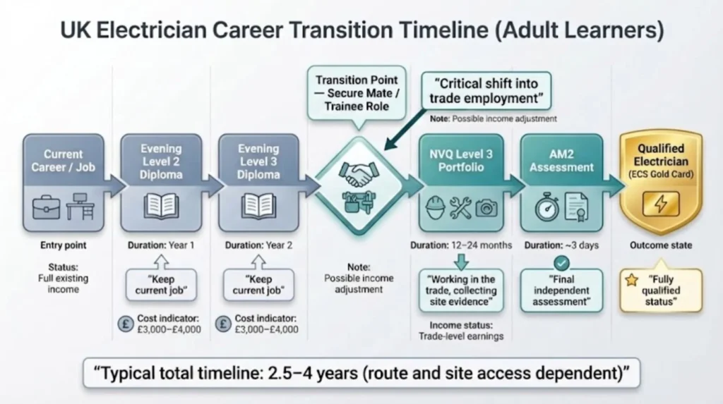 Timeline showing realistic career progression from current job to qualified electrician for adult learners in Wolverhampton