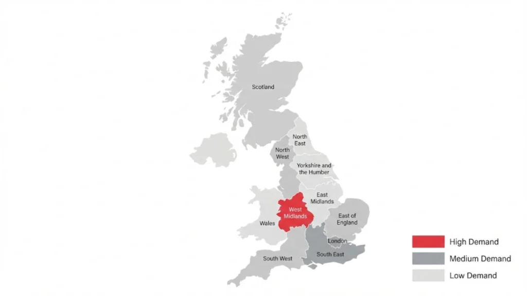 UK map showing regional electrician demand with the West Midlands highlighted as high demand