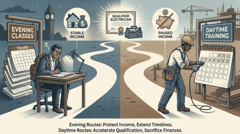 comparing evening classes and daytime training routes for electricians, showing income stability versus faster qualification with paused earnings.
