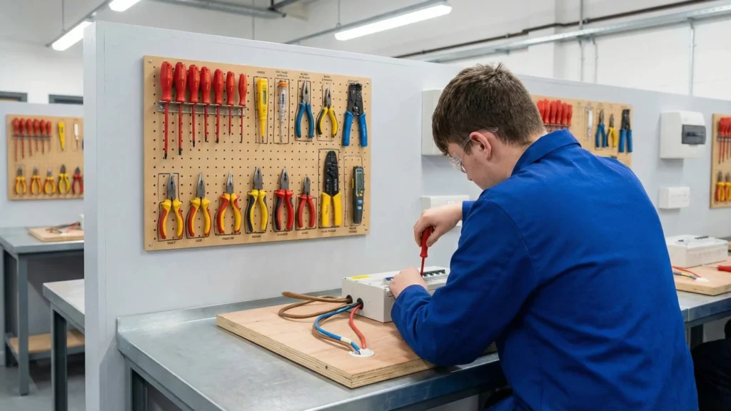 Trainee electrician wiring a consumer unit at a workbench.