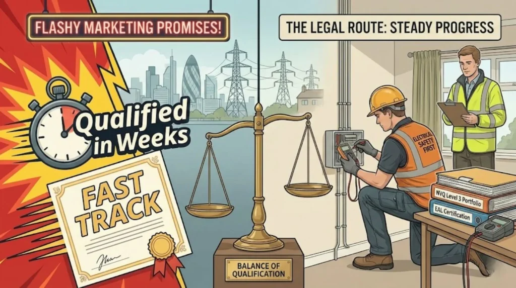 fast-track marketing claims of qualifying in weeks with the legal electrician route requiring steady progress, assessment, and evidence.