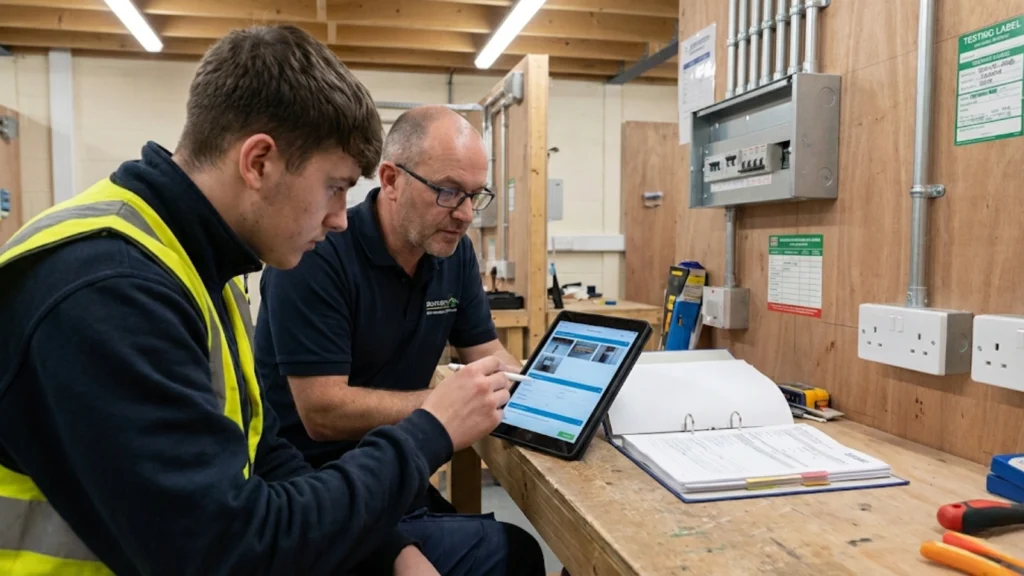 Apprentice electrician documenting completed installation work for an NVQ portfolio in a UK training bay