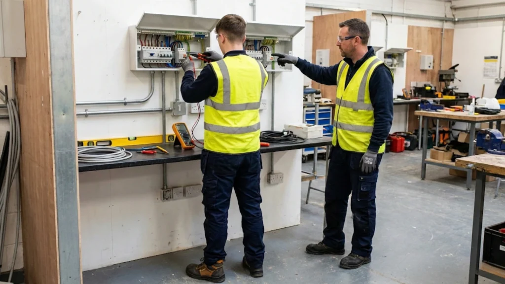 Apprentice electrician installing a consumer unit under supervision in a UK training bay