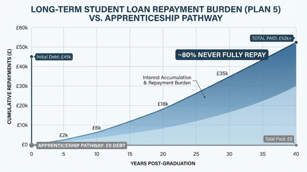 Area chart showing 40-year student loan repayment burden under Plan 5 compared with zero debt for apprentices