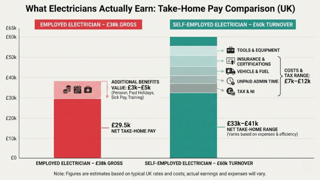 Bar chart comparing employed and self-employed electrician take-home pay after costs